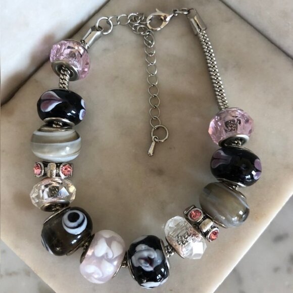Murano Glass Slider Charm Bracelet Silver Pink Black 11 in long - Picture 2 of 15